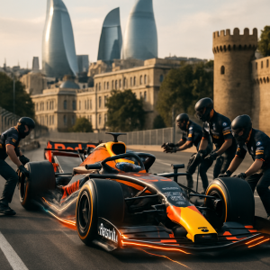 A sleek Red Bull Formula 1 car speeding through the scenic streets of Baku,