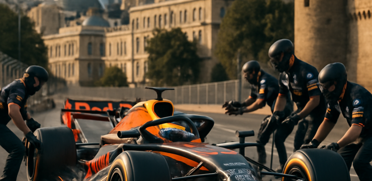 A sleek Red Bull Formula 1 car speeding through the scenic streets of Baku,