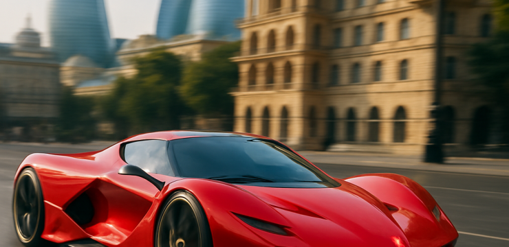 A photo of a Ferrari F80 expertly navigating the streets of Baku, combining speed