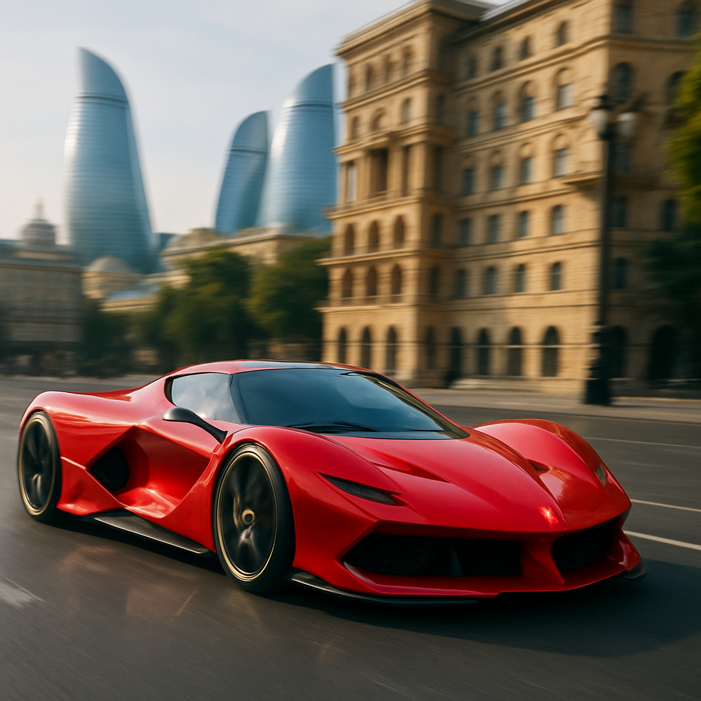 A photo of a Ferrari F80 expertly navigating the streets of Baku, combining speed