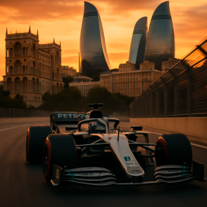 A Mercedes F1 car racing through Bakus streets at sunset, highlighting both the vehicles