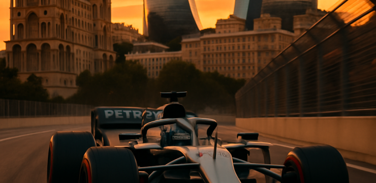 A Mercedes F1 car racing through Bakus streets at sunset, highlighting both the vehicles