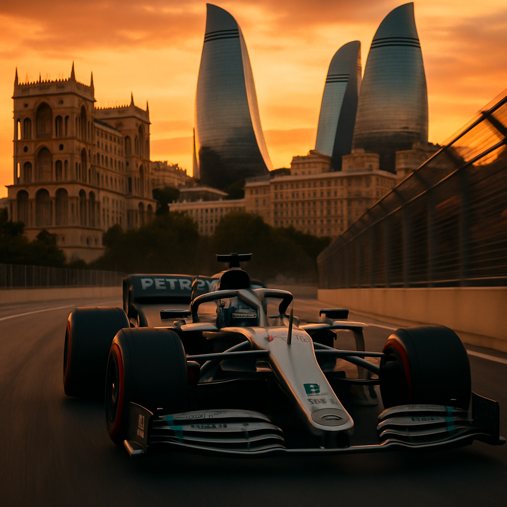 A Mercedes F1 car racing through Bakus streets at sunset, highlighting both the vehicles