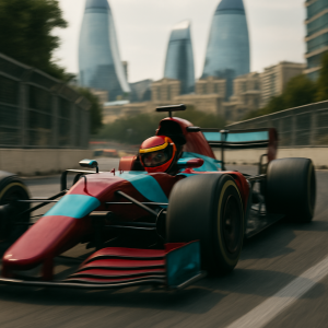 A close-up of a drivers concentrated expression and hands gripping the steering wheel, with