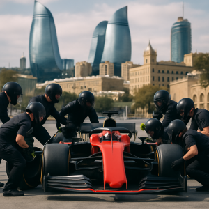 Team in Baku performing a high-speed tire change on a race car, with skyline