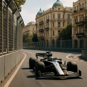 A race car hugs the barriers on Baku’s city circuit, with Neftchilar Avenue and