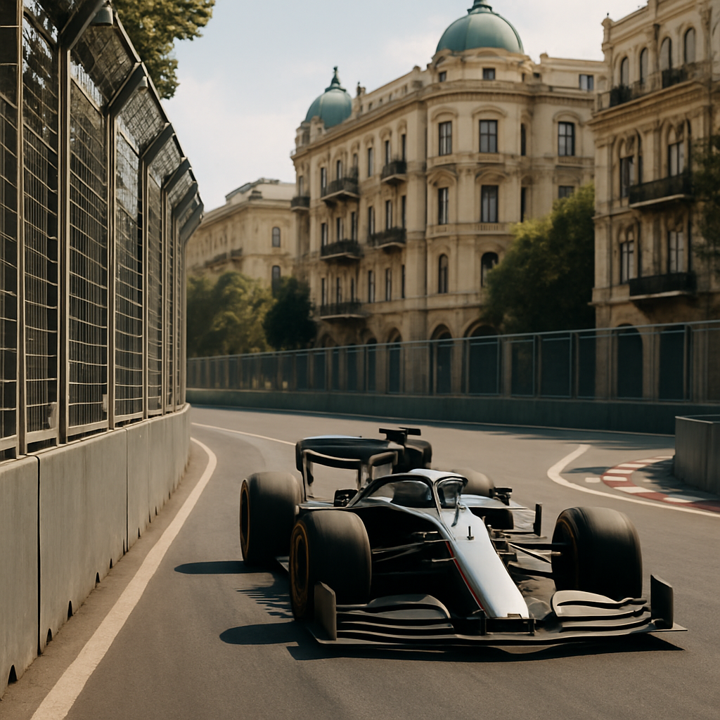 A race car hugs the barriers on Baku’s city circuit, with Neftchilar Avenue and