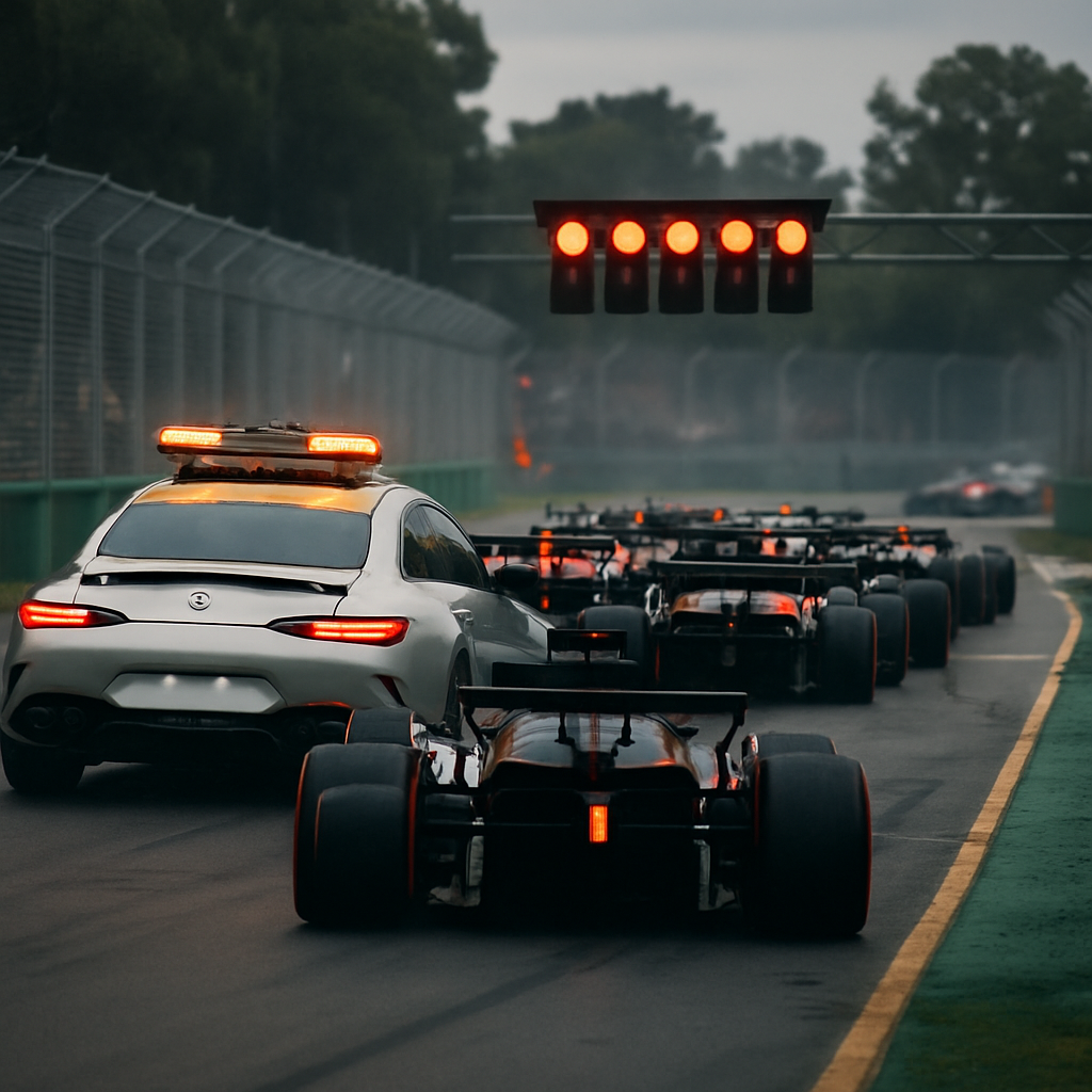 The safety car leads a tightly packed Formula 1 field at Albert Park as