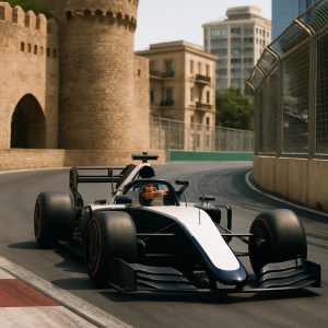 A young racing driver steers through a tight corner on Baku’s street circuit, with