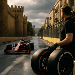 A Formula race car approaches a damp section of Baku’s sunlit street circuit as