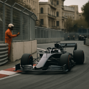 A race car carefully takes a tight corner on a Baku street circuit, with