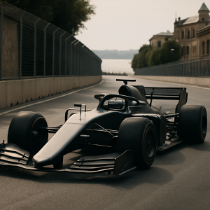 Formula racing car turning through a tight Baku street-circuit corner, with the city and