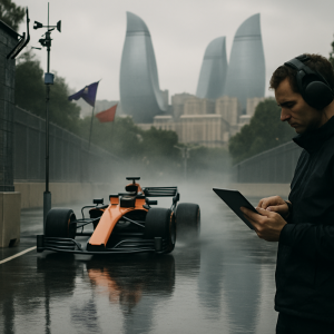A Formula race car sprays across wet Baku street-circuit asphalt as a strategist checks