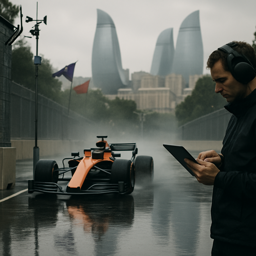 A Formula race car sprays across wet Baku street-circuit asphalt as a strategist checks