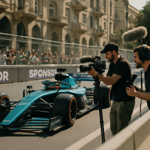 A Formula racing car speeds through Baku as a team media crew films and