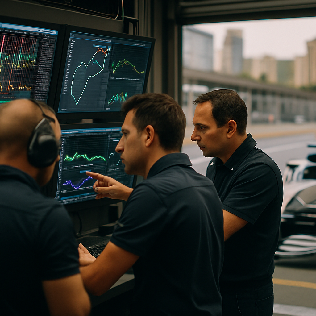 Engineers in a Baku racing garage review live telemetry and simulation data beside a
